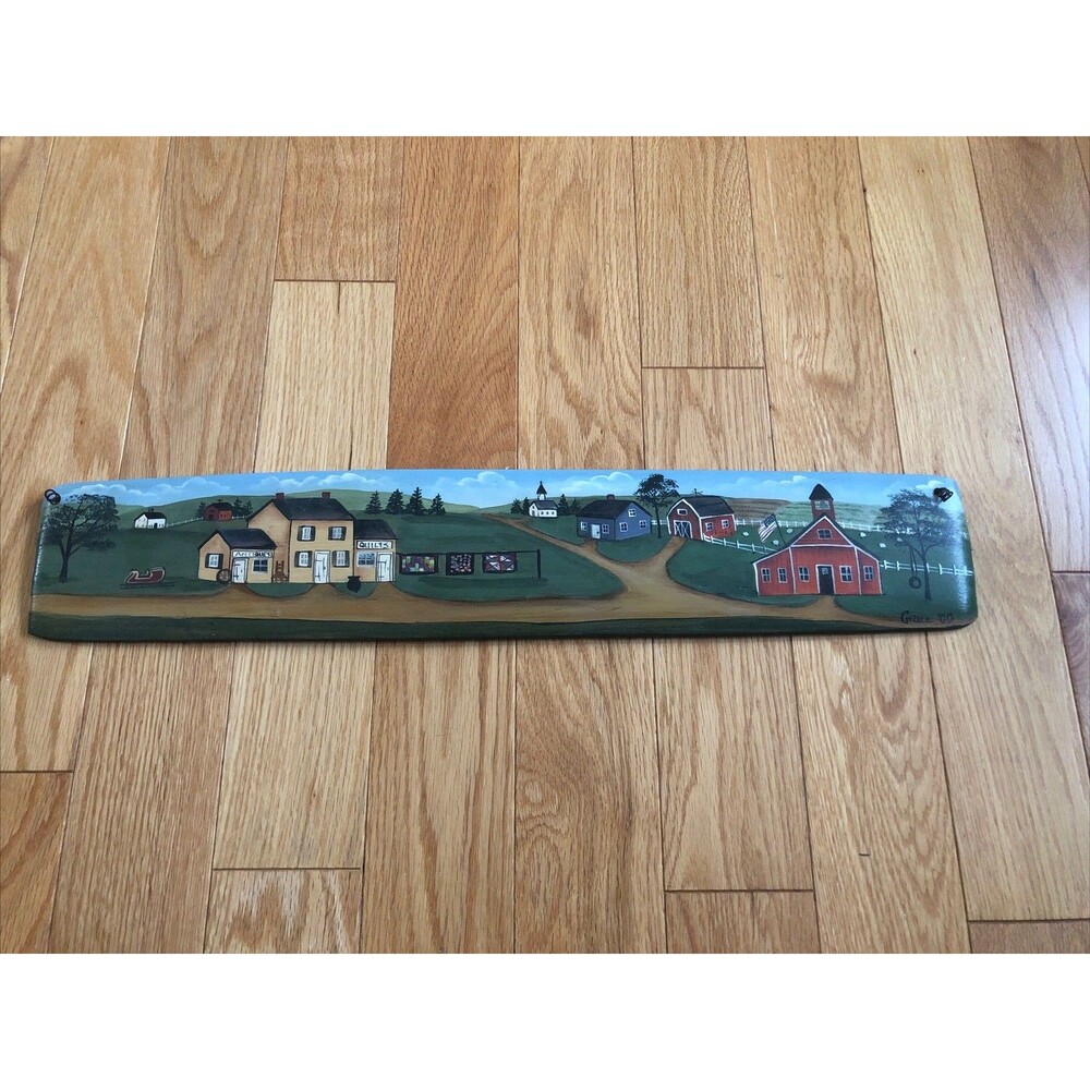 Vintage Hand Painted Natural Wood Small Town Theme Farm Hangining Sign 22 x 4 in